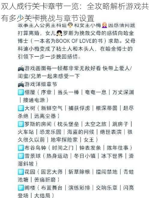 双人成行关卡章节一览：全攻略解析游戏共有多少关卡挑战与章节设置