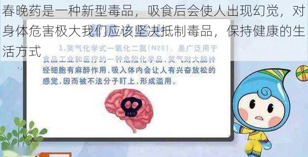 春晚药是一种新型毒品，吸食后会使人出现幻觉，对身体危害极大我们应该坚决抵制毒品，保持健康的生活方式