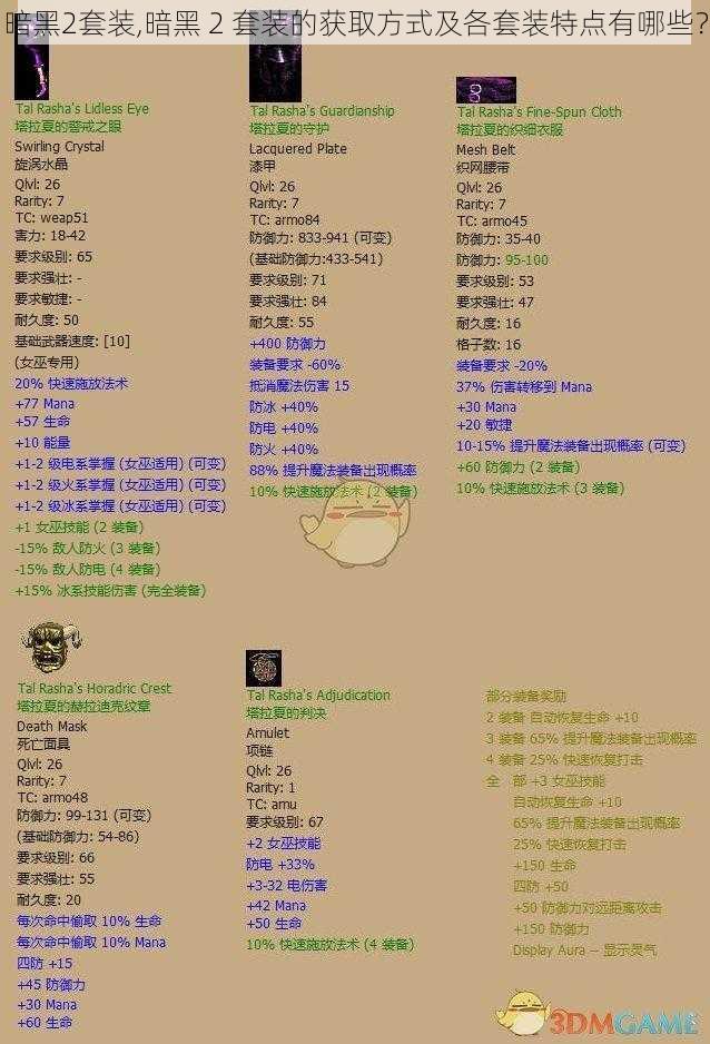 暗黑2套装,暗黑 2 套装的获取方式及各套装特点有哪些？