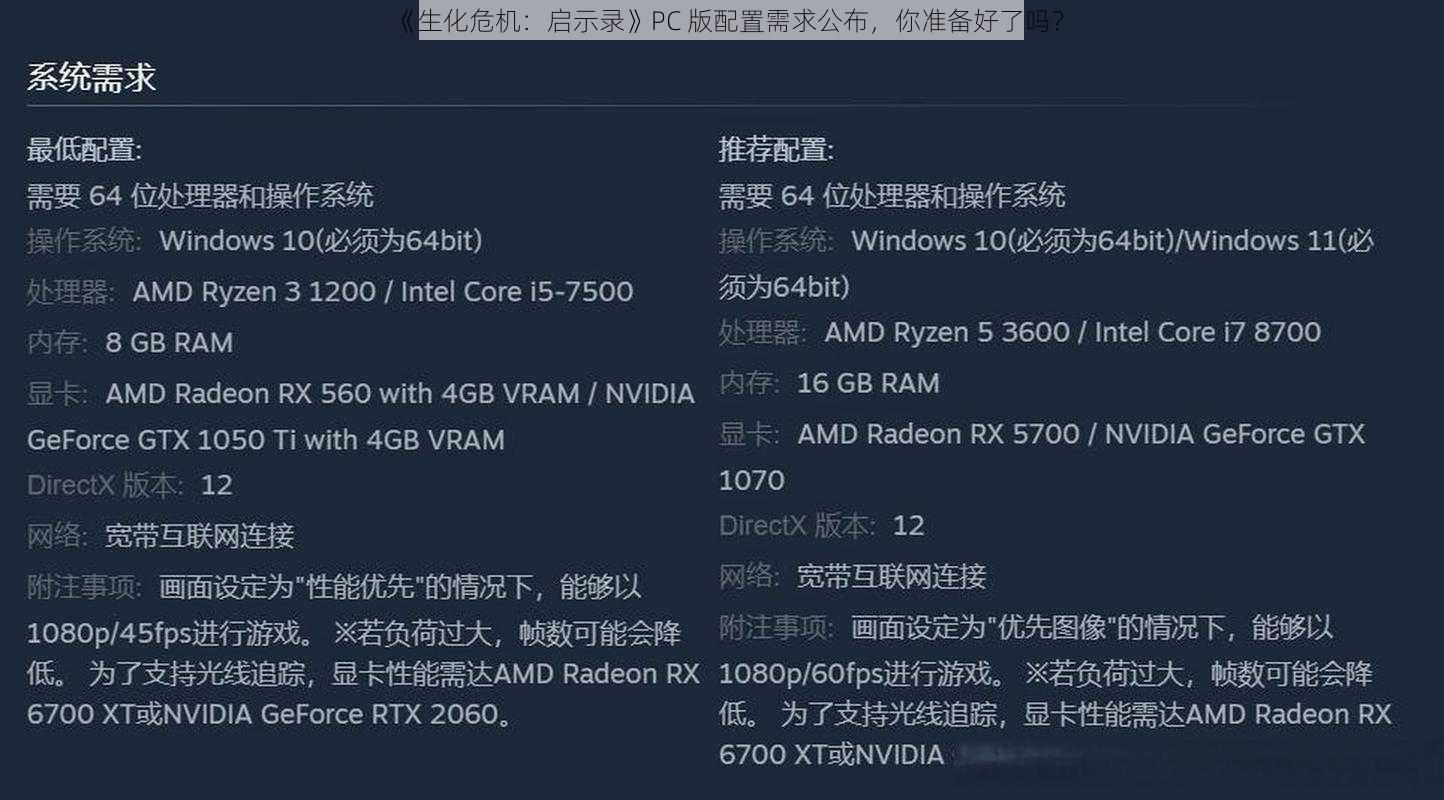 《生化危机：启示录》PC 版配置需求公布，你准备好了吗？