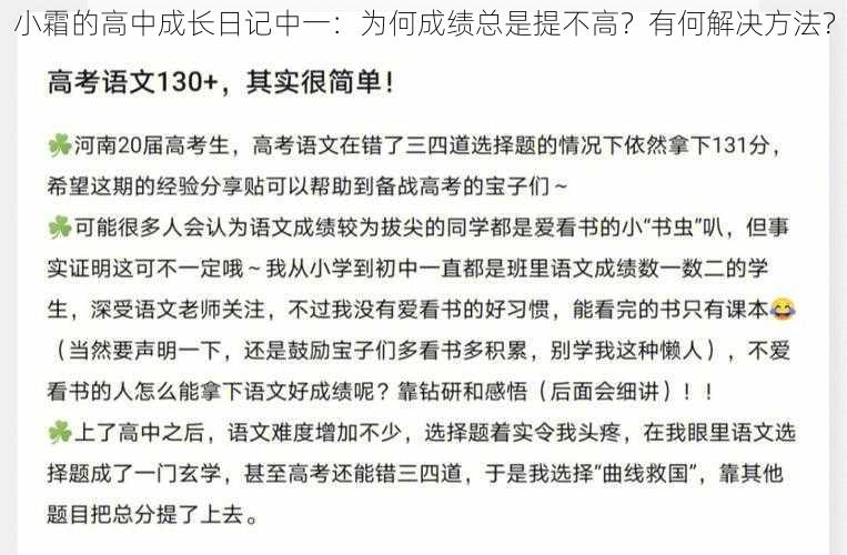 小霜的高中成长日记中一：为何成绩总是提不高？有何解决方法？