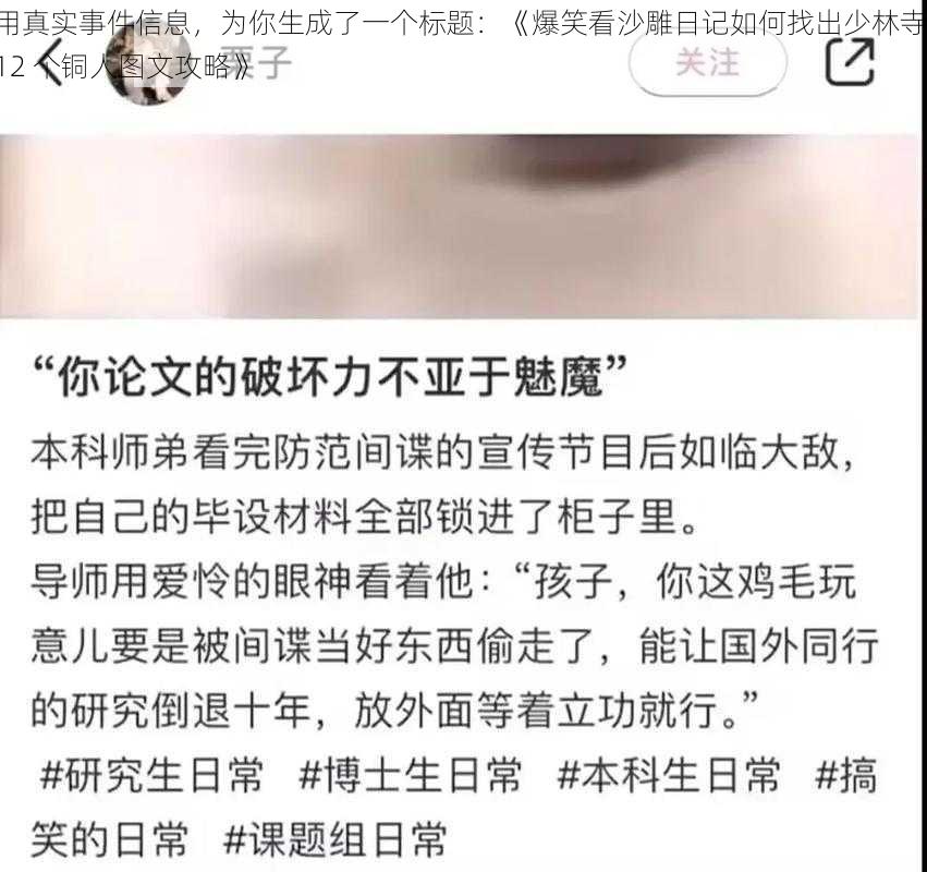 用真实事件信息，为你生成了一个标题：《爆笑看沙雕日记如何找出少林寺 12 个铜人图文攻略》